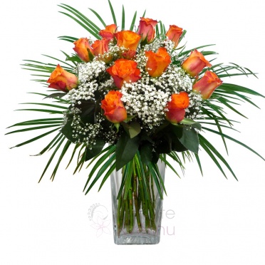 Bouquet of orange roses + greenery - Orange roses, gypsophila, greenery