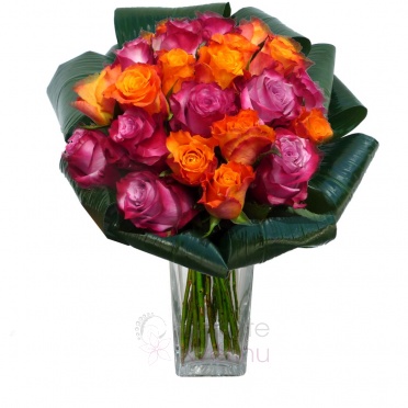 Bouquet of mixed purple and orange roses + greenery - Mixed orange, purple roses, greenery