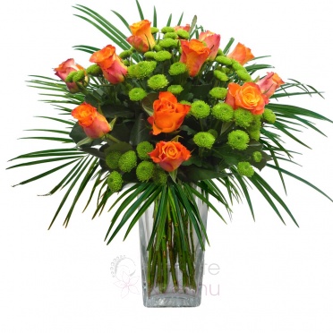 Mixed bouquet of orange roses, santini + greenery - Orange roses, santini, greenery