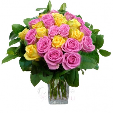 Bouquet of mixed pink and yellow roses + greenery - Mixed pink and yellow roses, greenery