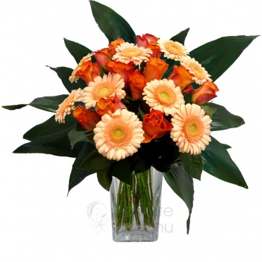 Mixed bouquet of roses, gerberas and greenery - Orange roses, gerbera, greenery