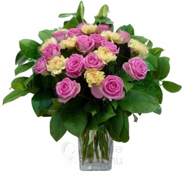 Mixed bouquet of roses, carnations and greenery - Pink roses, carnations, greenery