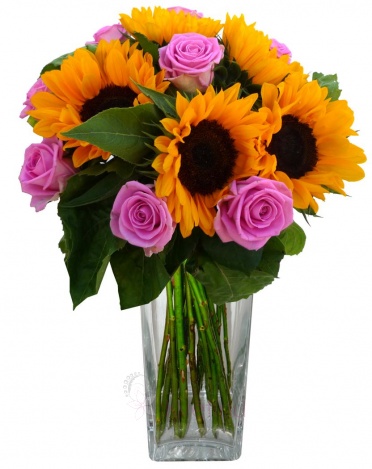 Mixed bouquet of pink roses and sunflowers - Pink roses, sunflowers