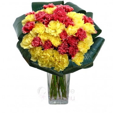 Bouquet of red and yellow carnations + greenery  - red, yellow carnations, greenery