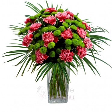 Mixed bouquet of red carnations, santinies, greenery