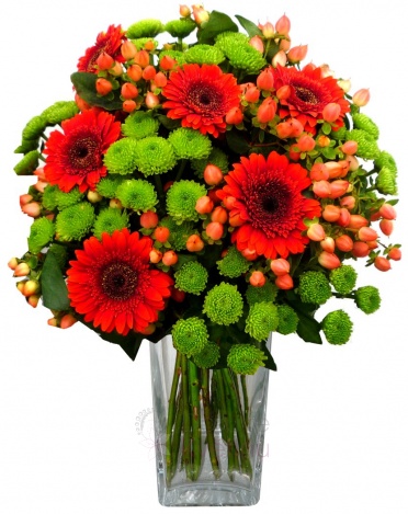 Mixed bouquet of red carnations, santinies,  - gerberas, hypericum, santini