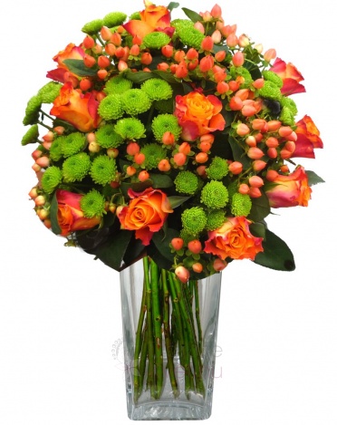 Mixed bouquet of roses, santinies, hypericum - roses, santini, hypericum