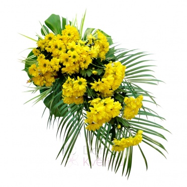 funeral spray - yellow chrysanthemum (bunch), greenery - yellow chrysanthemum