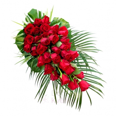 funeral spray - red roses, greenery - red roses