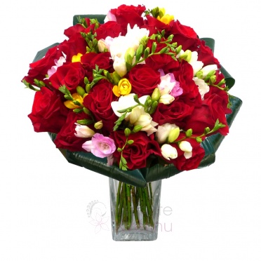 Mixed bouquet of red roses, fresias and greenery