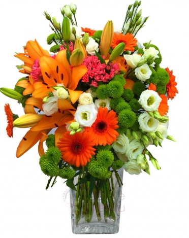 Bouquet of lilies, eustoma, gerbera, santini, bovardia