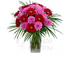 Mixed bouquet of pink roses, mini gerberas and greenery